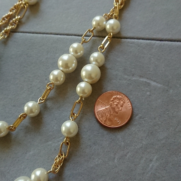 J. Crew Layered double strand faux pearl and gold tone Chain link necklace - Picture 3 of 8